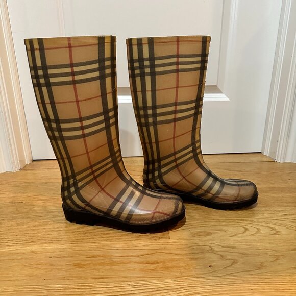 Burberry Plaid Winter Rain Boots - Tan and Black - Picture 1 of 10